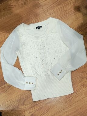 XOXO Ivory Knit Sweater with Sheer Sleeves and Gold Buttons